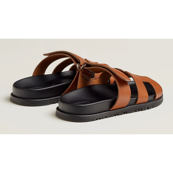 Hermes Chypre Sandal Natural Brown Gold Black H Logo Slide Slip On Flat 37.5 - Picture 10 of 12